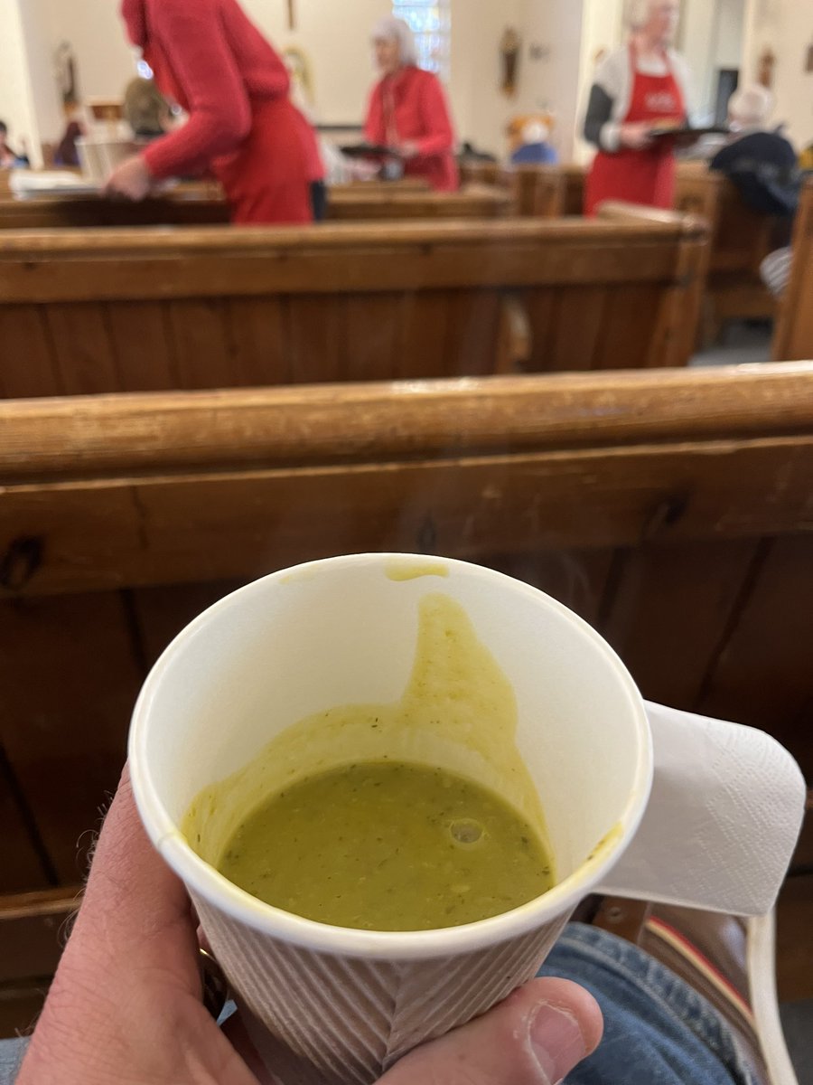 Catholic Church lady pea, courgette and mint soup at the @lchord soup and song at St Gerard’s 

Love this event 2nd & 4th Monday of every month, my friend brings her aunt and describes as a “nightclub for the over 80s”