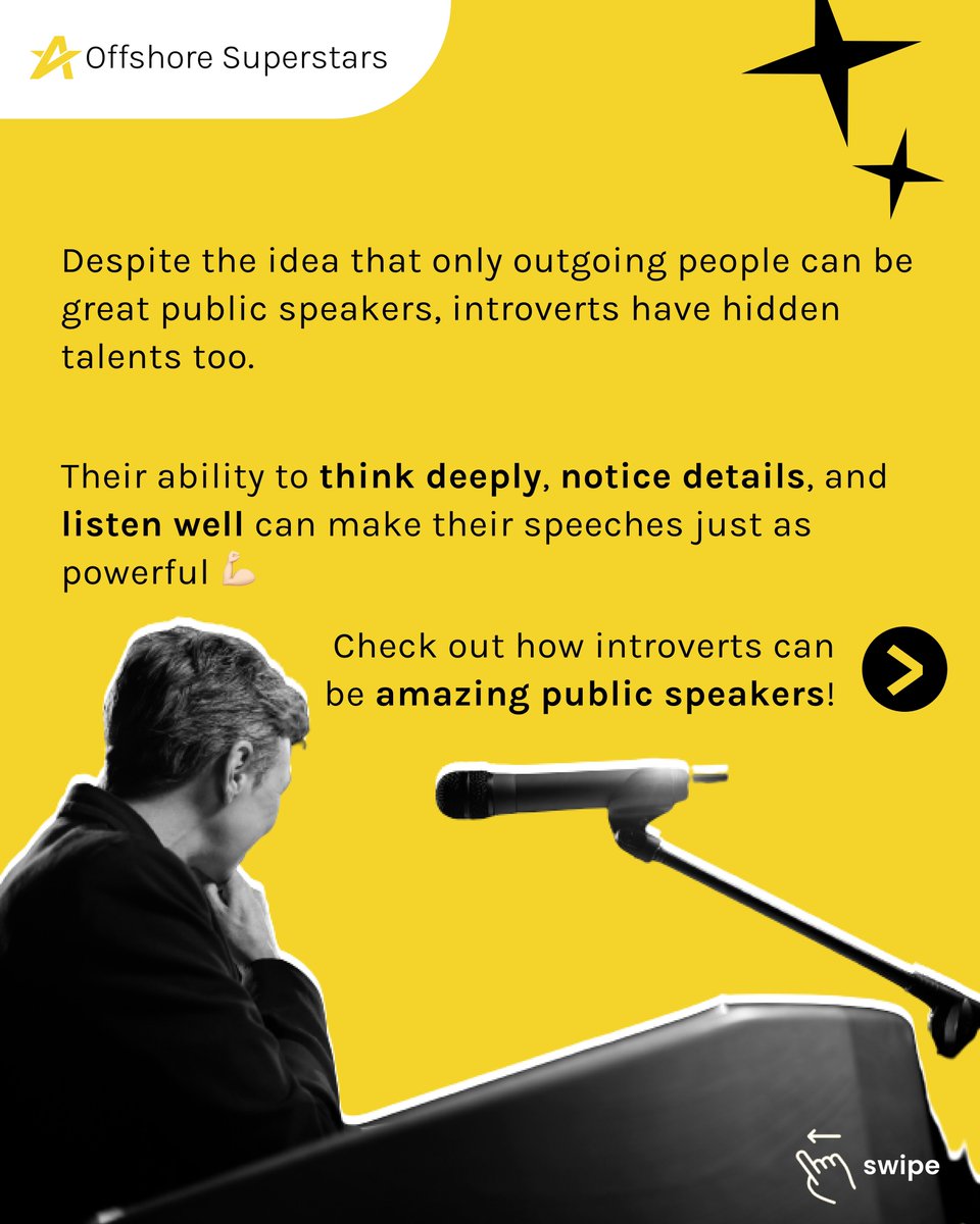 Calling all the introverts 🗣

It's time for us, introverts, to shine on the stage! 🤩🌟

 Discover how you can shine brightly behind the mic! 🎤💬

#OffshoreSuperstars #career #globalcareer #remotework #internship #workopportunities #publicspeaking #skills #softskills