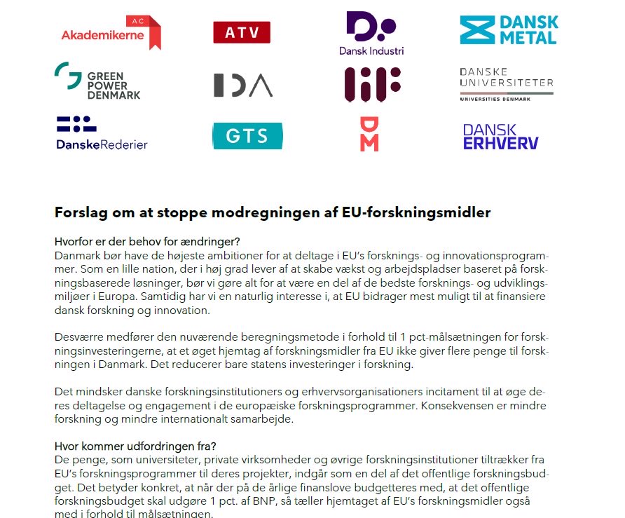 Stop modregningen af EU-forskningsmidler! @ACakademikerne og 11 andre organisationer har et godt forslag: Forskerne henter årligt 400 mio. kr. mere hjem fra EU, end vi betaler. De ekstra penge skal ikke modregnes i forskningsbudgettet, men bruges til mere dansk forskning #dkforsk