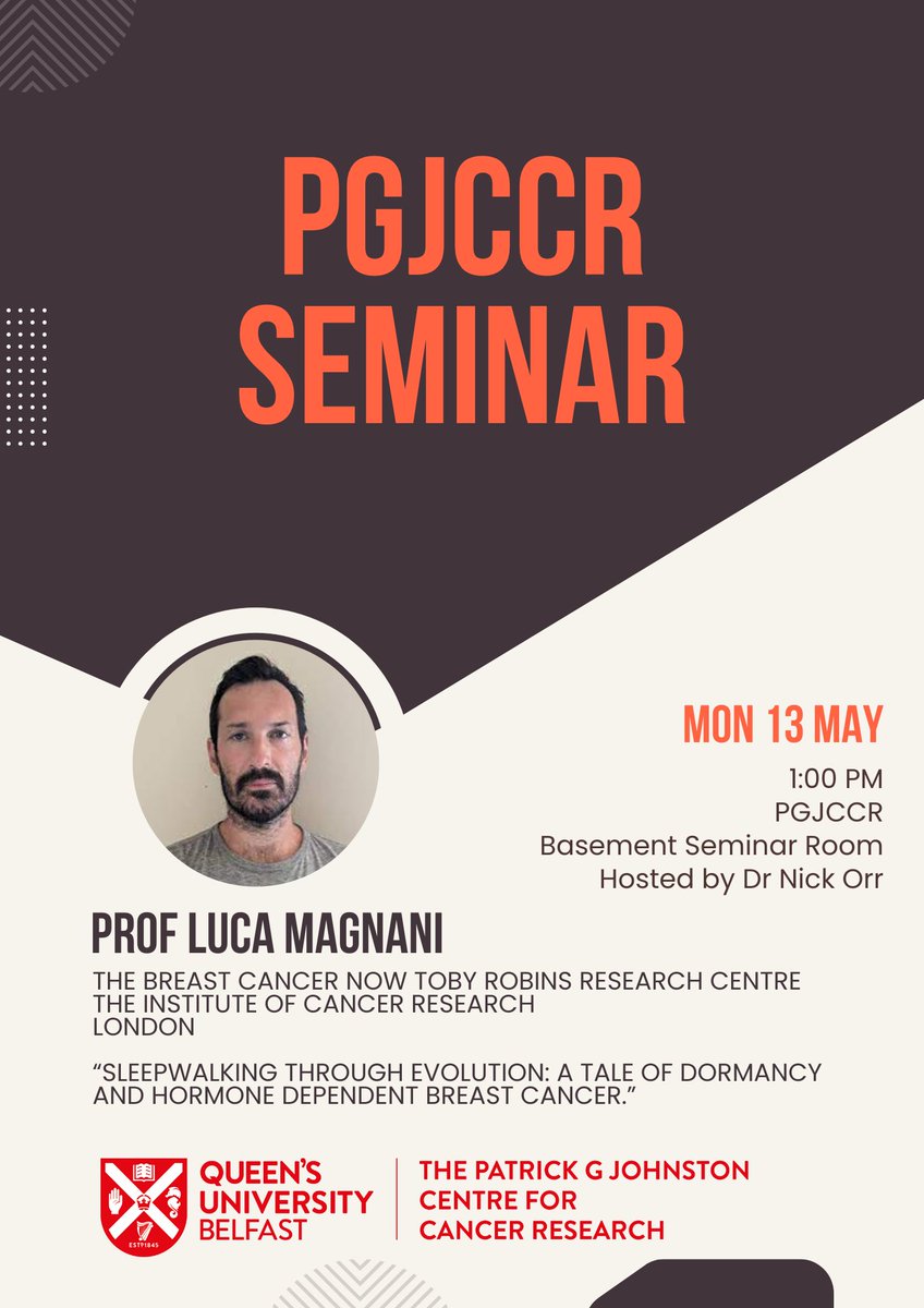 We have another brilliant PGJCCR Seminar lined up, with Prof Luca Magnani joining us from @BreastCancerNow Toby Robins Research Centre @ICR_London on Mon 13 May, 1pm in PGJCCR Basement Seminar Room. Hosted by Dr Nick Orr, all welcome, free to attend!