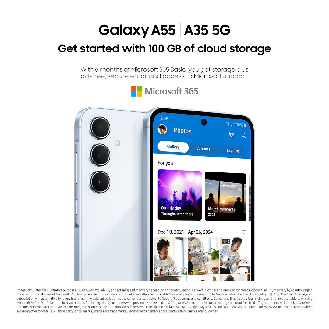 The all-new #GalaxyA55 5G and #GalaxyA35 5G becomes more awesome with Microsoft 365 Basic. Get access to 100 GB of cloud storage, ad-free and secure email with access to Microsoft support. Bring home #Awesome today. Buy now: smsng.co/6018bqss4. #AwesomeIsForEveryone #Samsung