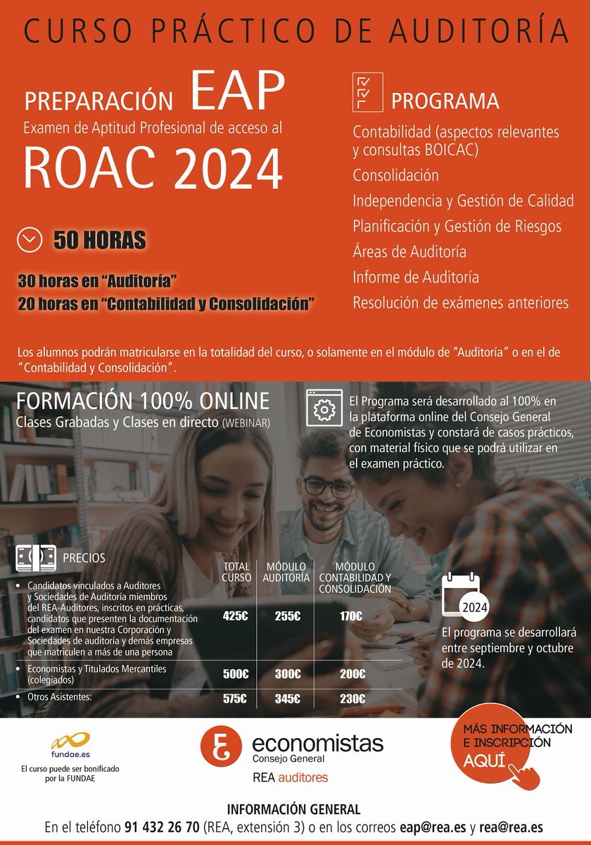 REAauditores's tweet photo. 📣 Curso preparación 2ª fase práctica 🎓 #EAP Acceso al #ROAC 💻 Formación 100% online 📆 Sep/oct 2024 📌 Módulos independientes: 30h #Auditoria + 20h #Contabilidad y# Consolidacion ✔️ Casos prácticos y material físico para el examen ✅ #ExamenROAC
https://t.co/FScOl0ZueI https://t.co/FpLlm1FqT8
