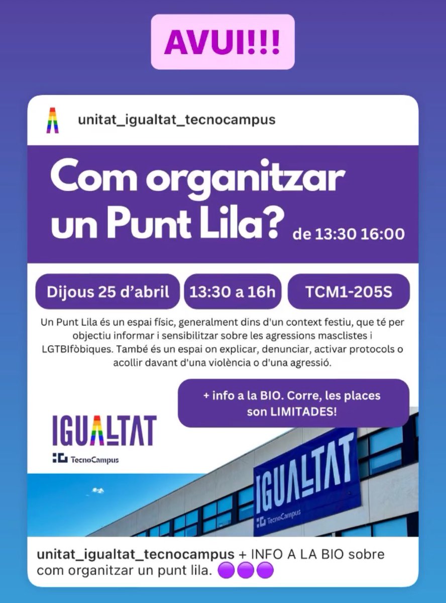 Curs “Punt Lila” 🟣 a @TecnoCampus #avui #estudiantat #prevencio @unitat_igualtat promou les #festes #segures #lliures #inclusives