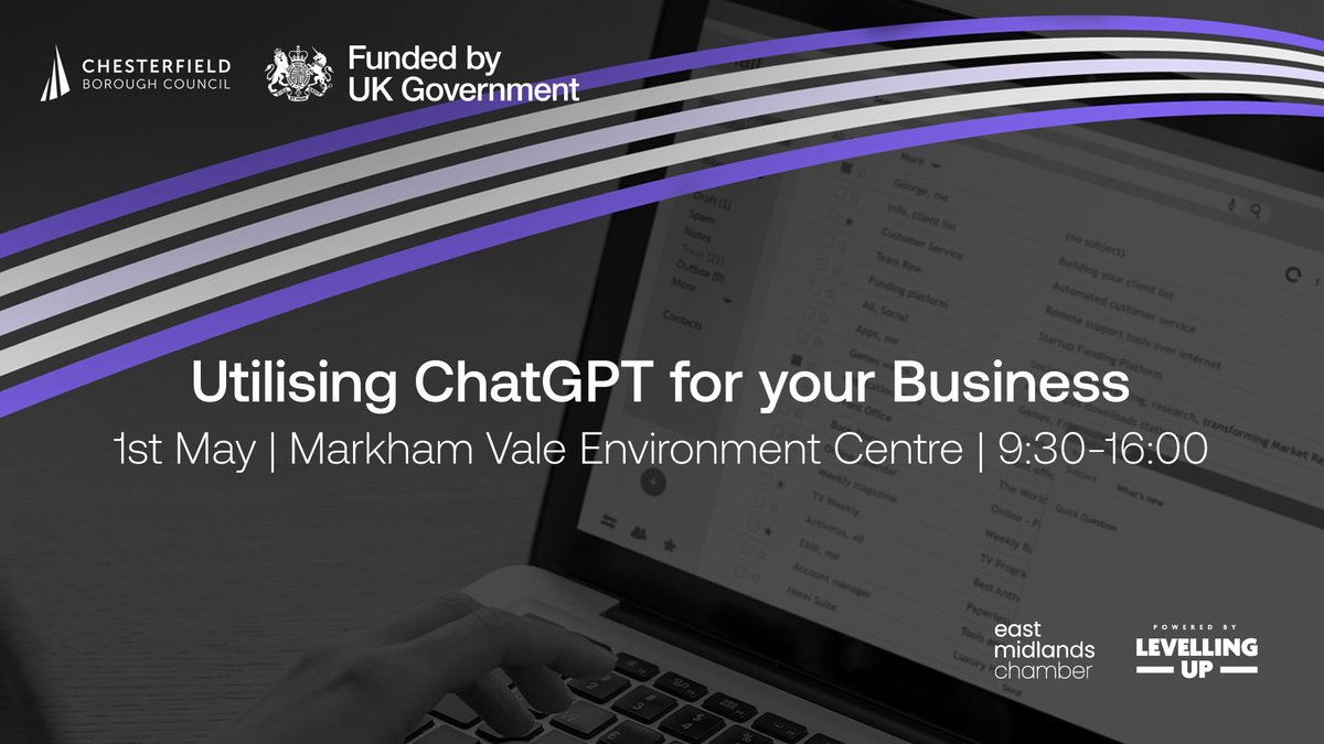 If you’re ready to harness the power of #AI within your business, join expert @MPBroadhurst and discover how you can use #ChatGPT. 📅 1 May | Markham Vale Environment Centre, Chesterfield 🔗 bit.ly/3Unvanx #UKSPF #Accelerator