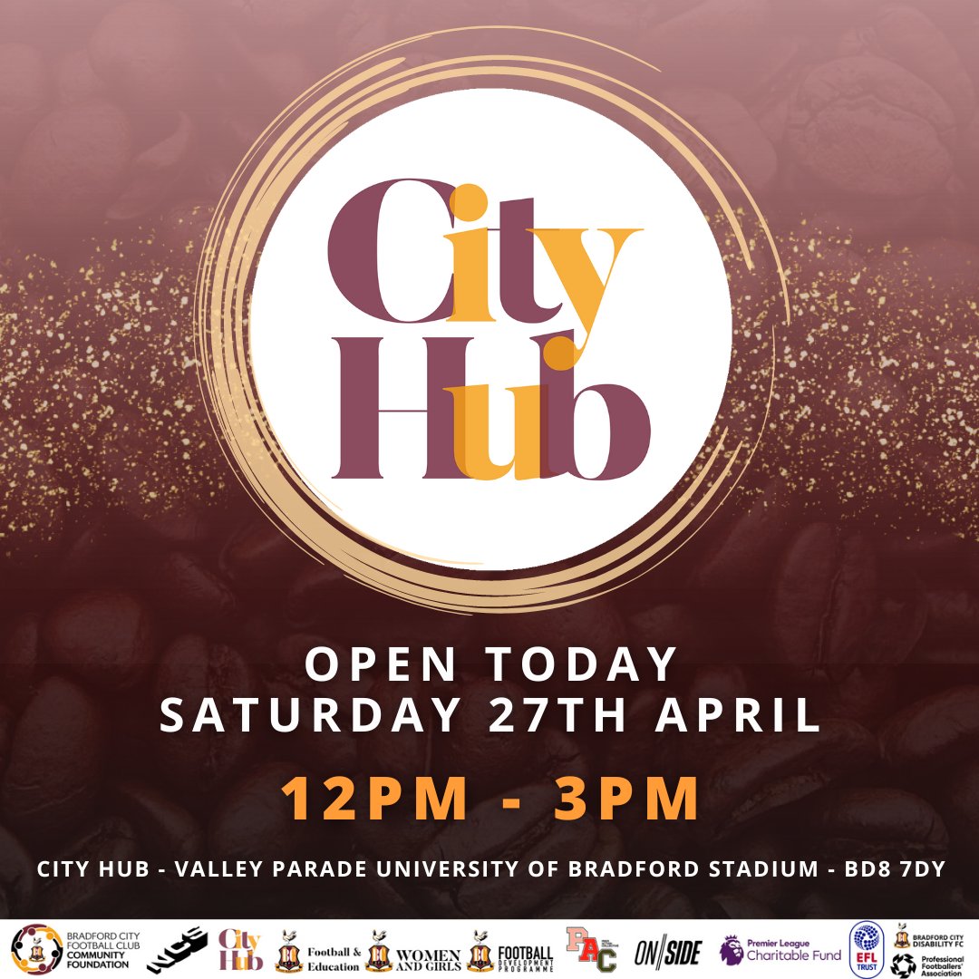 ☕️ | #CityHub Morning Bantams! How are we all feeling? Join us today at the City Hub before @officialbantams' huge game. We've got tonnes of treats, hot and cold food, match day specials and much more 😋 We're open right up until kick-off ⚽️ #BCAFC | #CommunityFoundation