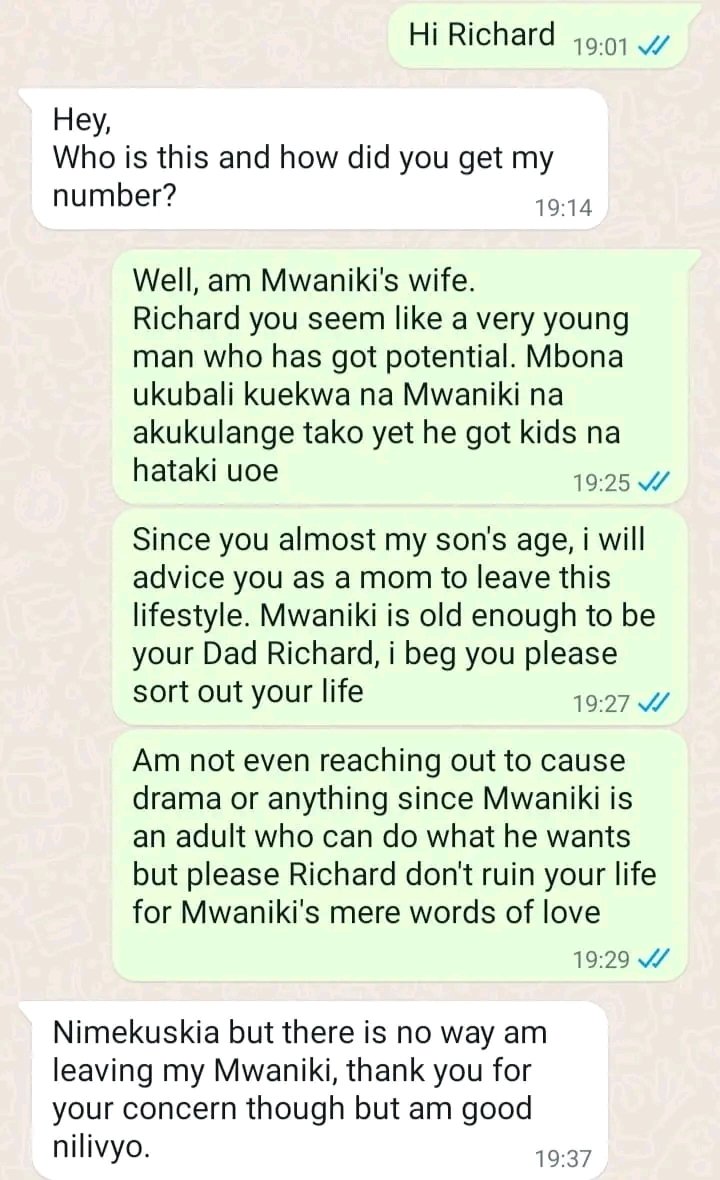 Hillarious! A married woman trying to advise a young man who si cohabiting with her Husband. 
See convo.

#BREAKINGNEWS#Mamavictor#Kafangi#Athiriver#Larry.