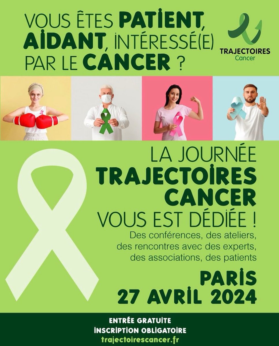 Journée Trajectoires Cancer : Entrée libre ! Conférences, ateliers, stands d’information. Rendez-vous samedi 27 avril à Paris 13. Plus d’infos sur trajectoirescancer.fr.🎗️💪