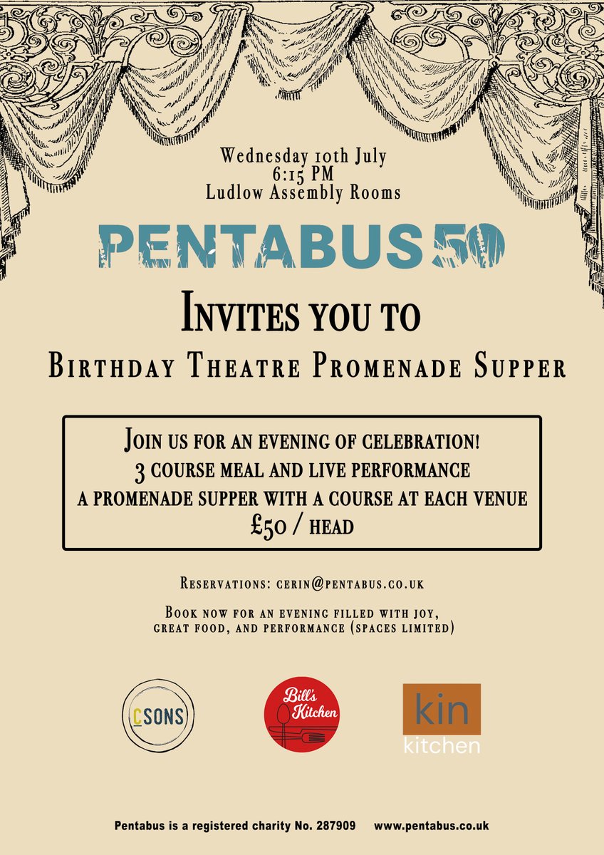 🎉 Join us for a spectacular celebration! ✨ On Wednesday, July 10th, come to Ludlow for an unforgettable 50th Birthday Theatre Promenade Supper! Indulge in a sumptuous 3-course meal paired with captivating live performances throughout the evening. 🍽️ £50 per head includes all…