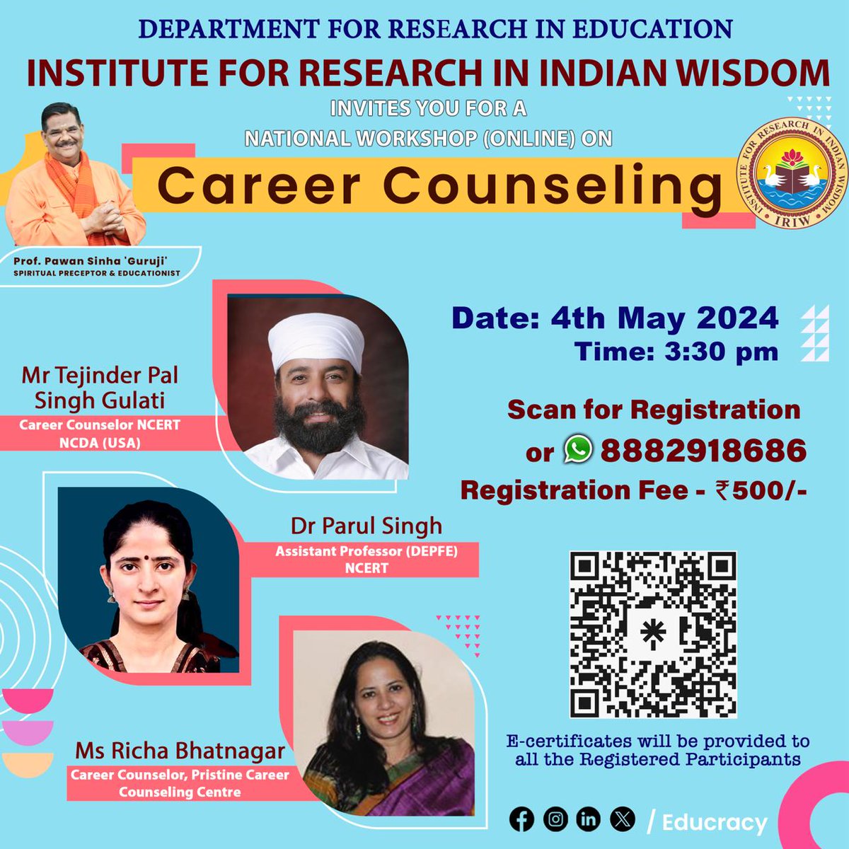 Choose the best future for yourself by stepping into a world of appropriate career guidance on May 4th, 2024, as the Dept. of Research in Education (DRE) invites you to a workshop on Career Counseling, curated specifically for teachers, parents & students. t.ly/sQK9m