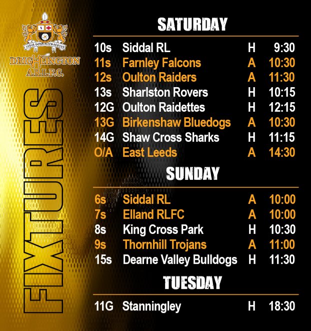 Another weekend full of rugby for our teams. Also, Tuesday our U11s girls are at home to Stanningley. Good luck Drig Rugby! 🖤💛 #ADAW #upthedrig