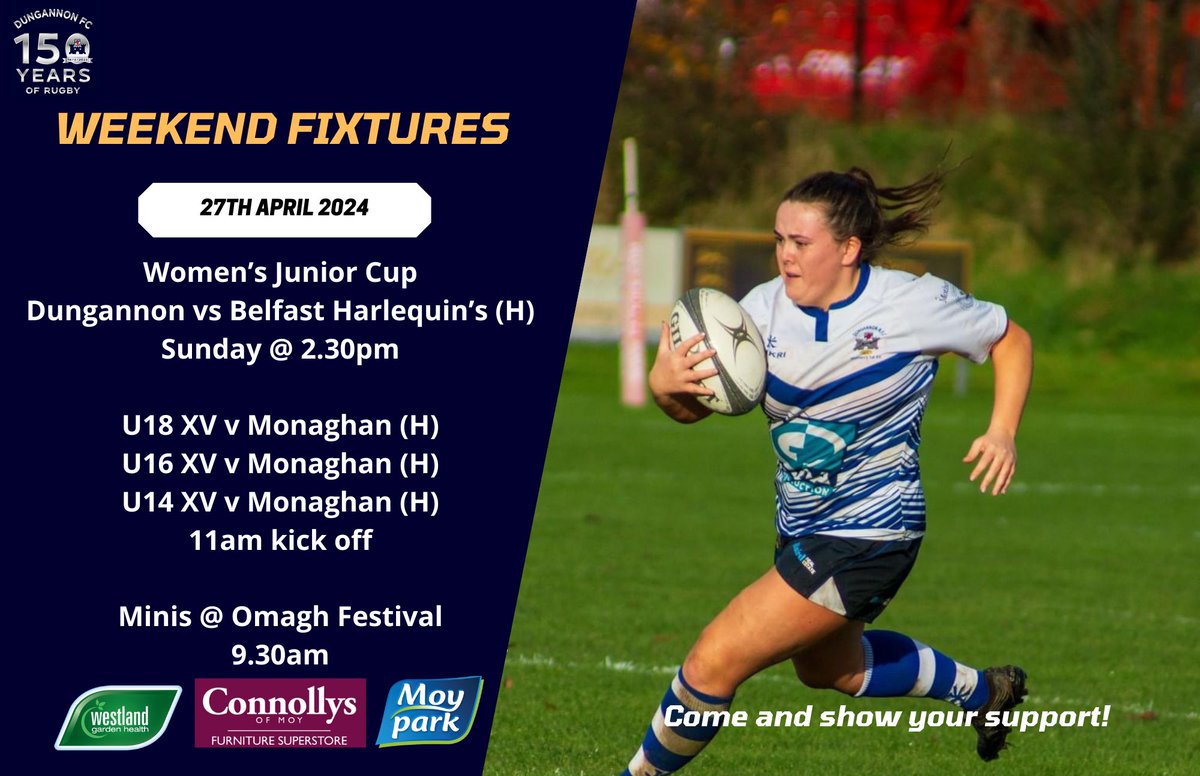 WEEKEND FIXTURES Youth are at home to @MonaghanRFC 11am kick off Minis are away to @OmaghAcciesRFC festival Women play in @UlsterBranch Junior Cup against @QuinsWRFC at Stevenson Park, kick off 2.30pm on Sunday afternoon #dclub #150thyear #league #festival #cup