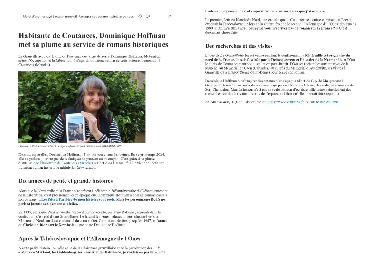 Merci mille fois Ouest France, rédaction de Coutances ainsi que Kristell Le Gall, je suis très émue par l'intérêt porté à La Granvillaise.   #vendredilecture