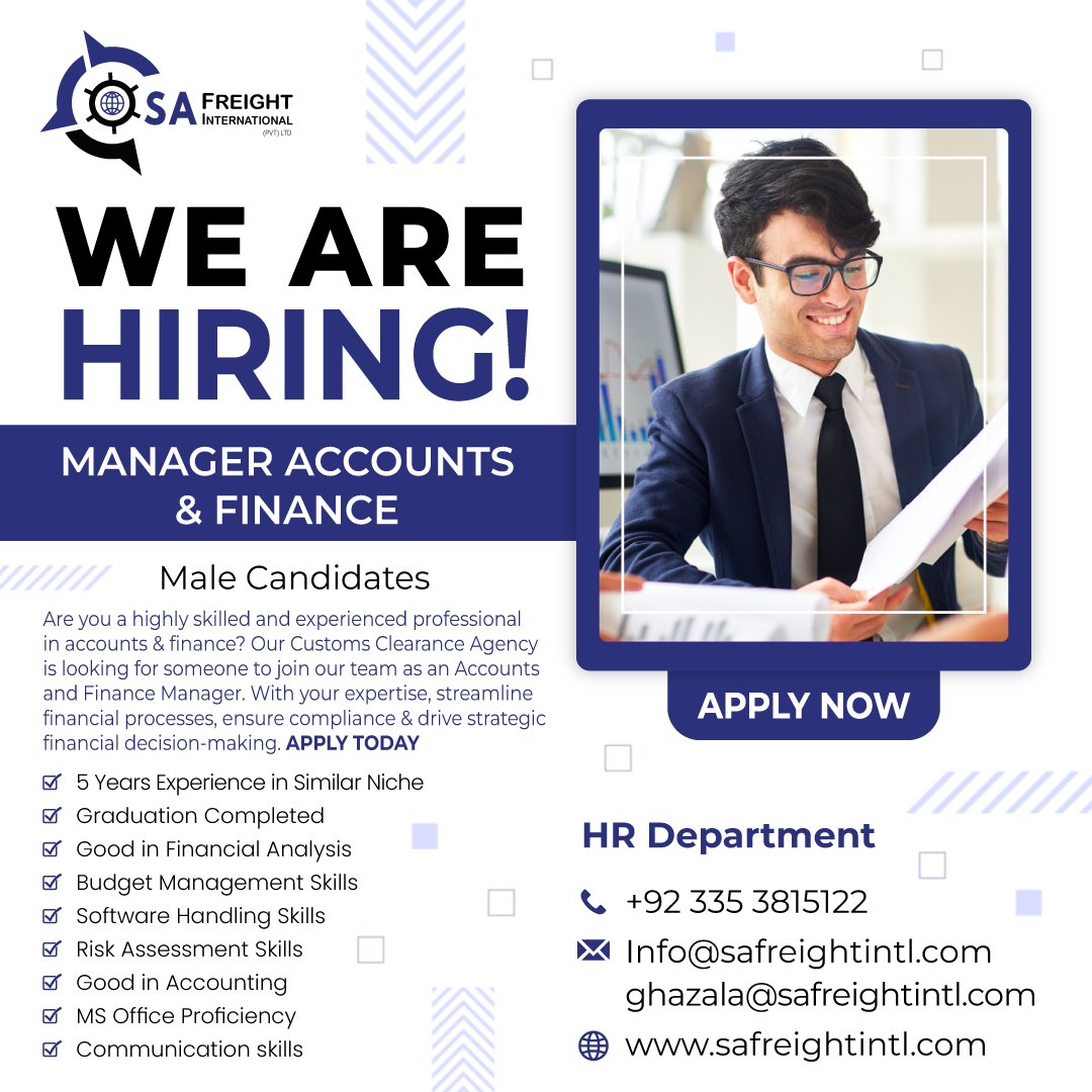 Job Opening: Accounts & Finance Manager
#JobOpening #HiringNow #FinanceManager #AccountsAndFinance #hiring2024 #CareerOpportunity #JobOpportunities #financejobs #AccountsJobs #JoinOurTeam #JobSearch #JobAlert #CustomsClearance #safreightintl #safreightinternational