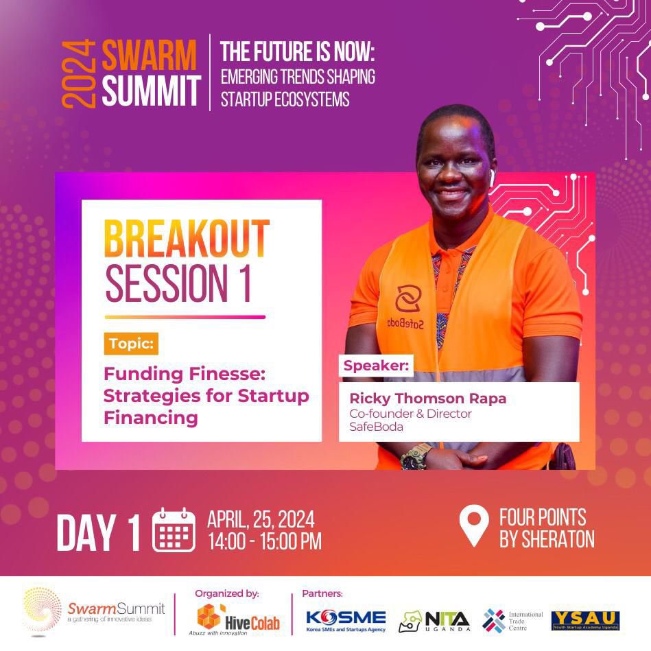 We are still in the  SWARM SUMMIT 2024 and Mr Ricky Thompson Rapa, the Co -founder of safe boda is also here to enlighten more about Funding Finesse and more about strategies for startup Financing.

#Swarm24