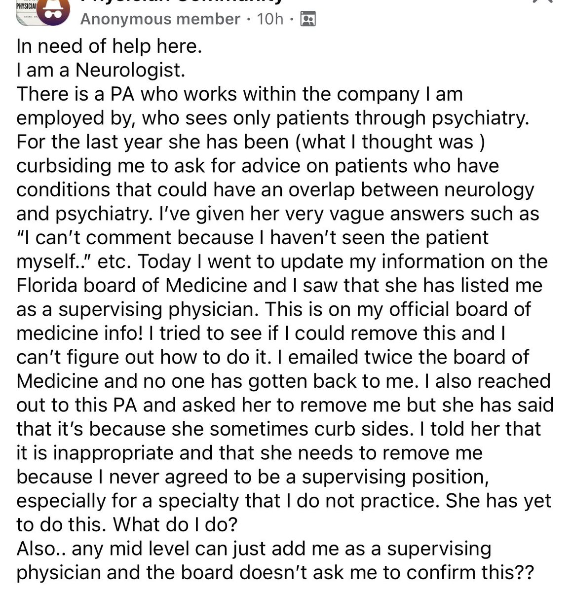 PA lists neurologist as supervising physician 

#MedTwitter
#StopScopeCreep