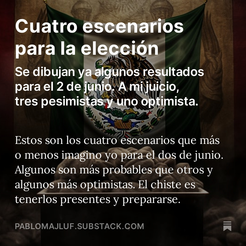 Vayamos ya preparándonos para algunos escenarios el 2 de junio. Estos son los cuatro que yo tengo en el radar. Lo más responsable es prepararse. Mi videocolumna de la semana en Disidencia. Los invito a suscribirse. Link en mi bio.