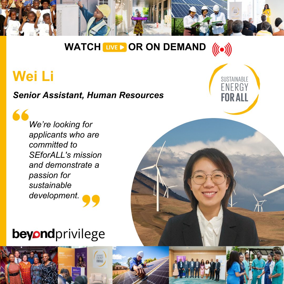 💡'We're looking for applicants who are committed to SEforALL's mission and demonstrate a passion for sustainable development.'- Wei Li, HR Thank you for joining today's Live webinar on the @SEforALLorg Internship Program on #BeyondPrivilege. Learn more🔗bit.ly/4bePnS9