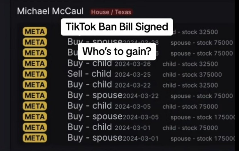 @RepMcCaul is the author of the Ban Tiktok bill. Kind of sus that he would buy META stock just before under spouse and child. This might be legal, but it's unethical.