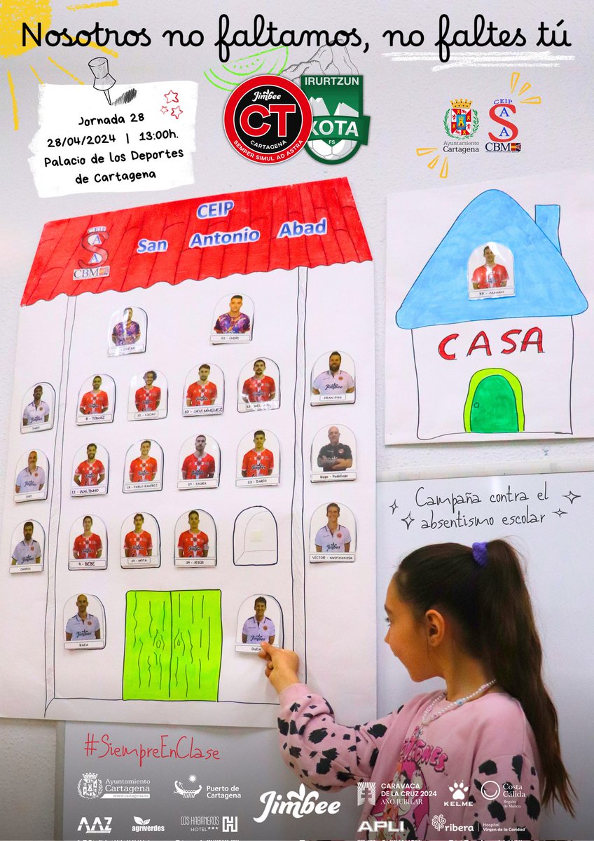 CARTEL 🖼️ | Nosotros no faltamos, no faltes tú 

#SiempreEnClase 🏫🎒

🤝🏼 Partido de lucha contra el absentismo escolar junto al <a href="/AytoCartagenaES/">Ayuntamiento de Cartagena</a> y <a href="/CPSAntonioAbad/">CEIP San Antonio Abad</a>

#JimbeeOsasuna #PrimeraDivisiónFS