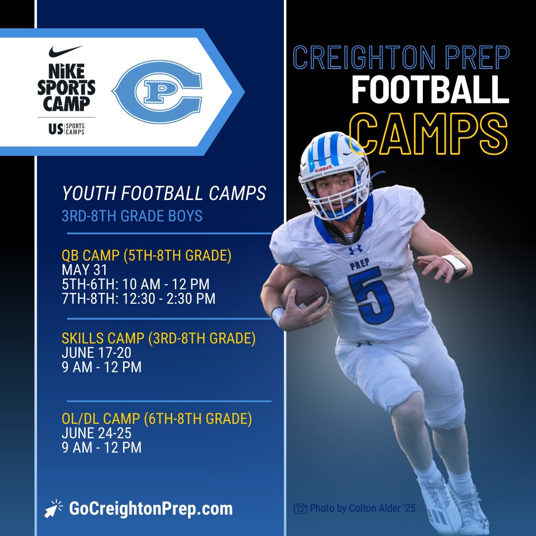 Make sure you’re signed up for one of our @CPFootball17 camps! Skills, OL/DL and QB camps available, starting in 3rd grade. Go to GoCreightonPrep.com to learn more and sign up. You’ll see all athletic & enrichment camps, now in conjunction with Nike & US Sports Camps!