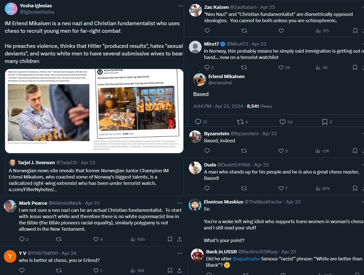 Tweet about an actual Nazi using chess to recruit boys for violent combat and the comments will go from 'Actually, some far-right Christian fundamentalists are good people' to 'Based' Tweet 'Maybe don't always exclude women when talking about chess?' and it'll spark outrage.