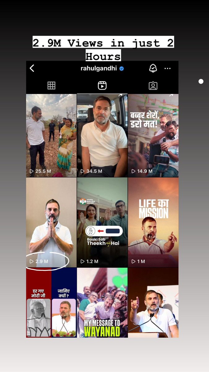 In just an 2 hour, Rahul ji's vote appeal video racks up an impressive 3 million views on Instagram, sparking a viral sensation! ⚡️ Take a look and pass it on:
