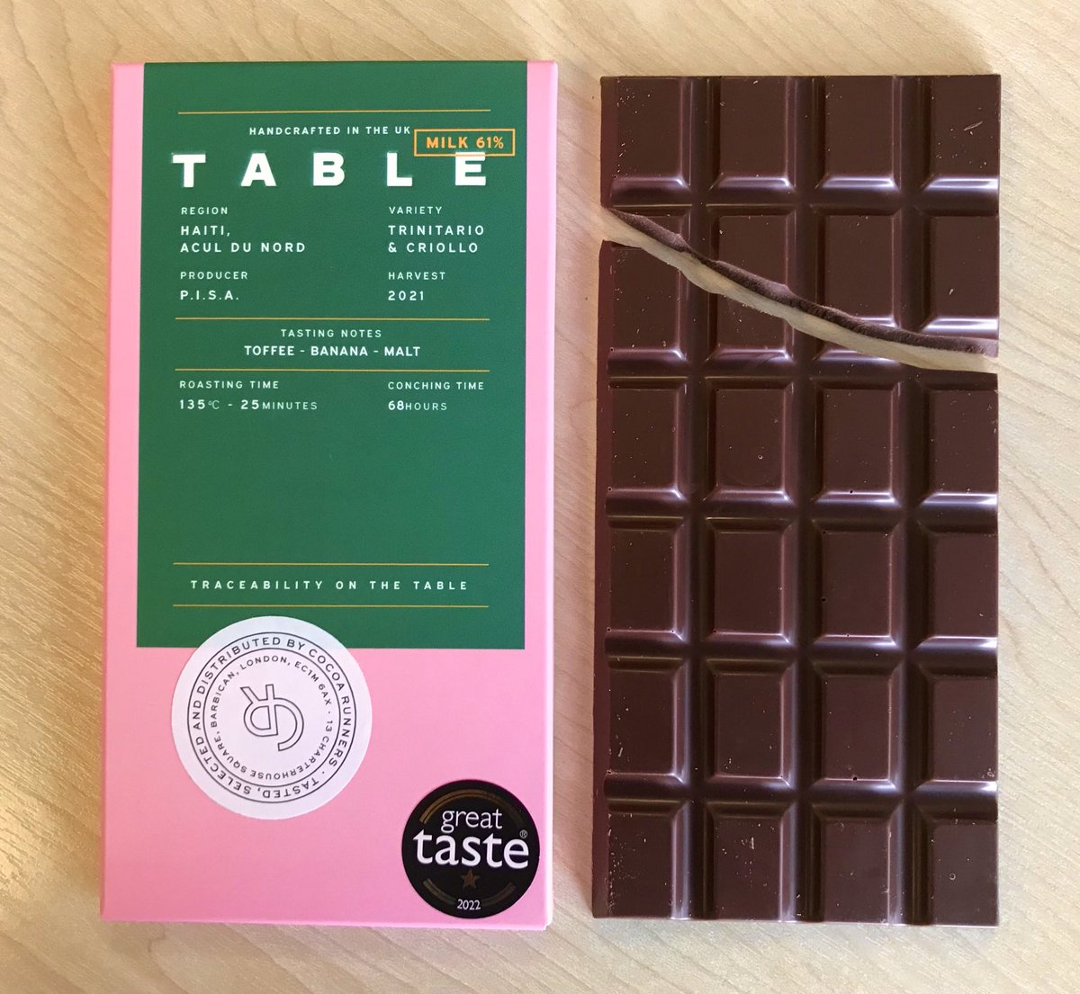 We totally adore this 62% milk from Table in Liverpool. The Haitian beans are sourced via PISA, a social enterprise that pays farmers premium prices. The bar is beautifully made, rich and flavourful and v highly recommended