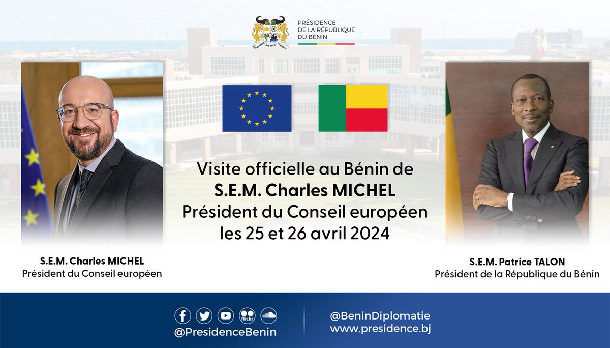 #Prbenin | #Wasexo | #BeninDiplomatie | 🇪🇺 🇧🇯 Diplomatie : Visite officielle au Bénin de S.E.M. @CharlesMichel, Président du Conseil Européen, les 25 et 26 avril 2024 🌐 Plus de détails sur ce lien => presidence.bj/actualite/comm…