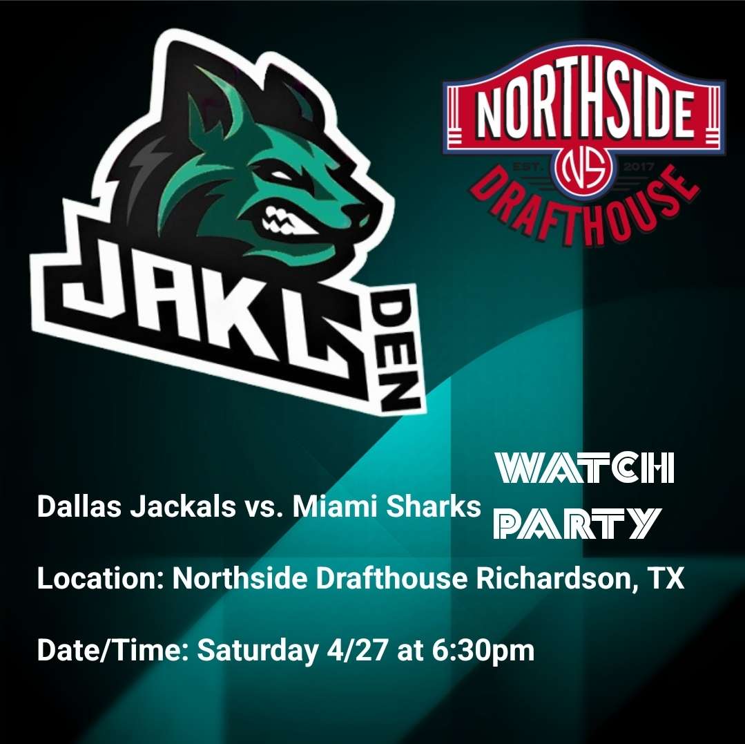 JaklDen's tweet image. Who's ready to party?!

We've got a watch party set up! Come join us as we cheer the @dallasjackals on to victory during their trip to Miami. 

📌 Northside Drafthouse in Richardson
⌚ Saturday 4/27 at 6:30

There's gonna be blood in the water, but it won't be ours!

#jtid