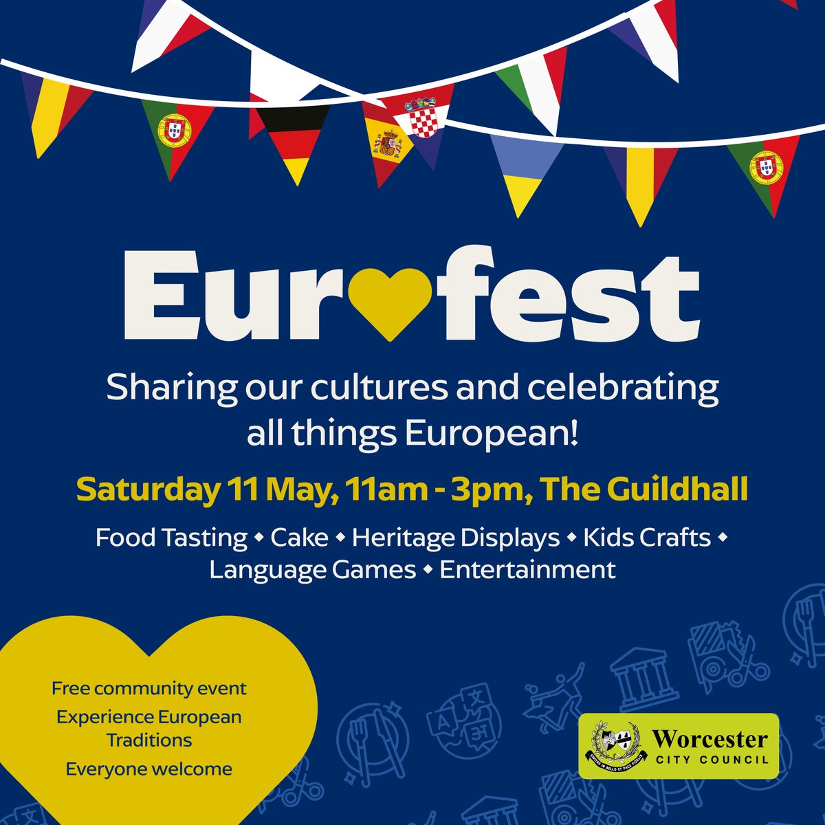 Celebrate all things European! An event to celebrate European traditions and culture is coming to Worcester next month.
Eurofest will be held at The Guildhall in High Street on Saturday 11 May between 11.00am and 3.00pm. #Dateforyourdiary
bit.ly/4bcOPw6