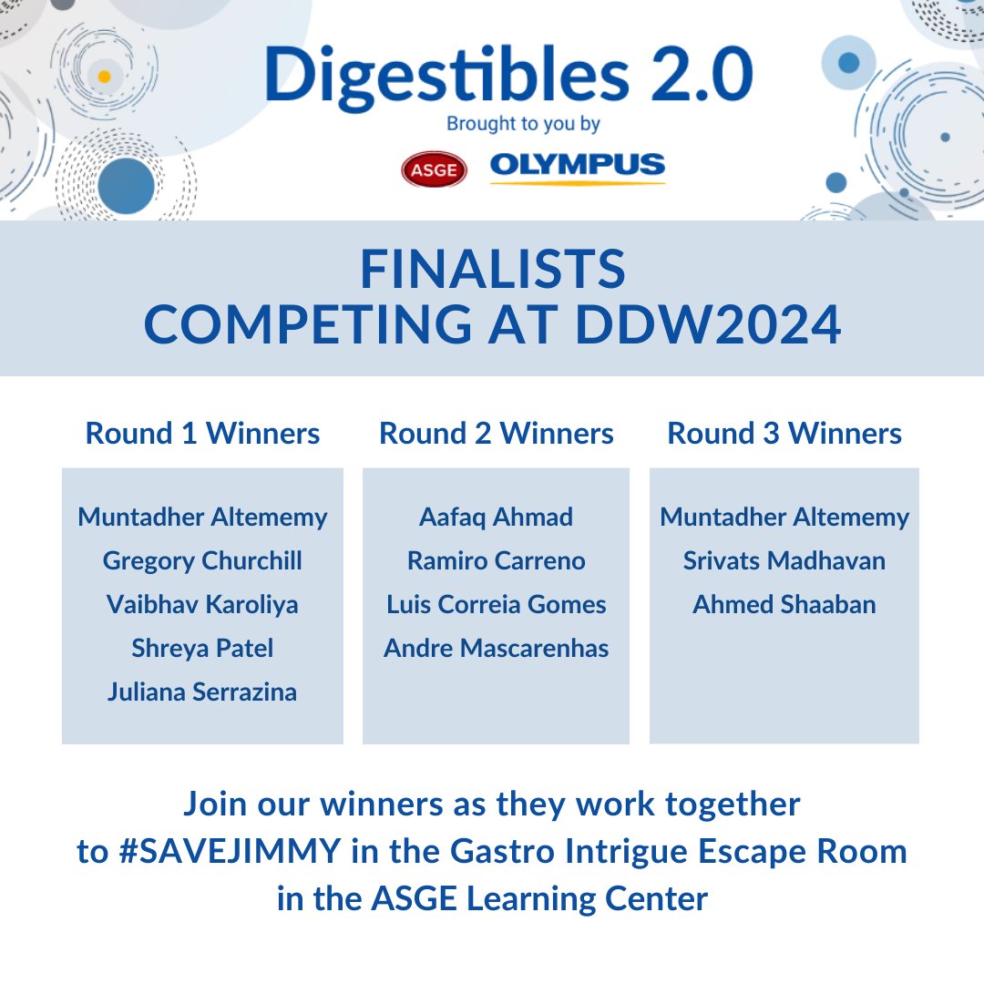 Congratulations finalist! We look forward to seeing you at #DDW2024 for the final competition in the Gastro Intrigue Escape Room. Join them as they work together to #SaveJimmy. Book your mission today! hubs.ly/Q02ttVwX0 #GITwitter #GIEndoscopy #Endoscopy #Gastroenterology