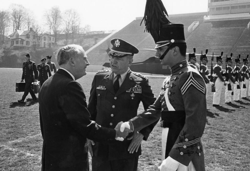 Today in #VMIHistory: Secretary of the Army John O. Marsh, Jr. was greeted by a cadet and Superintendent Gen. Sam S. Walker, class of 1945 at the VMI football stadium during the George Marshall Awards, April 25, 1984. Marsh was on the VMI Board of Visitors from 1976-80.