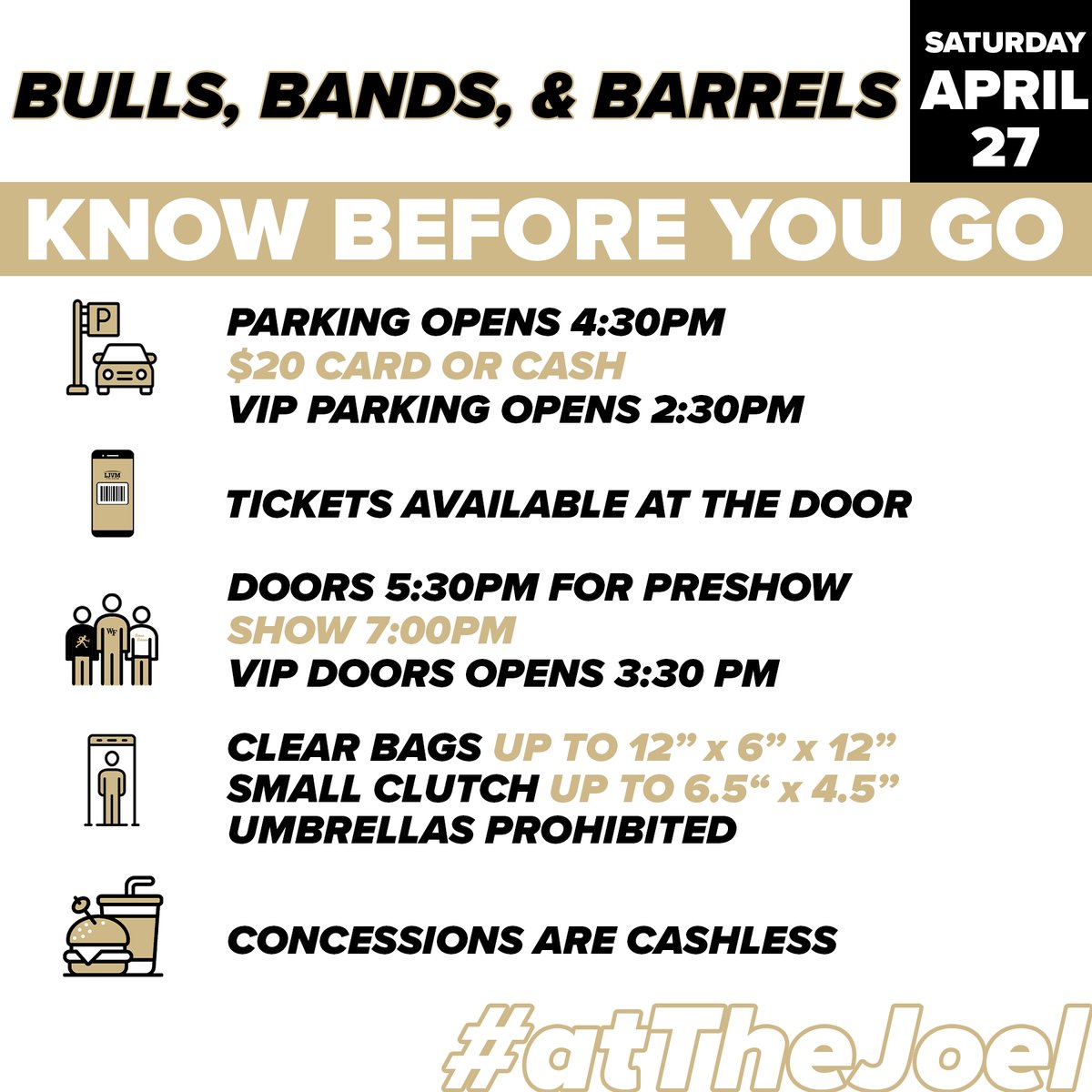 We are ready to bring you the Bulls, Bands, and Barrels this Saturday! Make sure you are ready for a wild weekend! Box office opens at 12 pm! We look forward to seeing you #atTheJoel 🤠 🐂 🏇 🔥