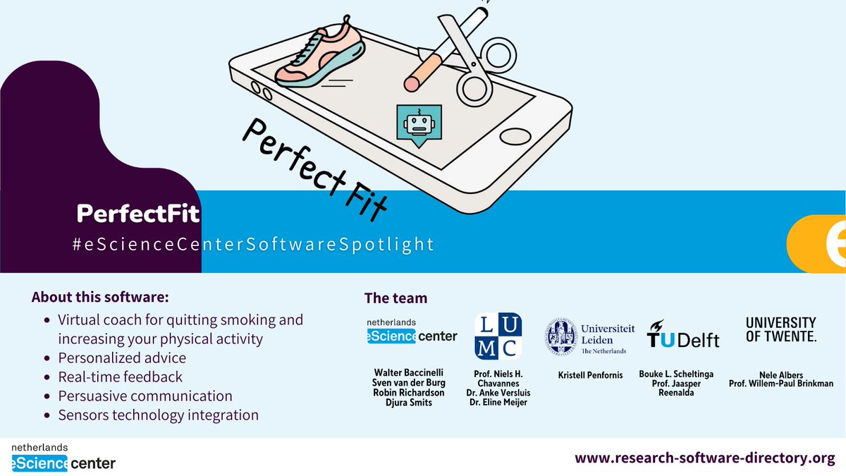 April's #SoftwareSpotlight is PerfectFit! PerfectFit is a text-based virtual system coaching users to be more physically active and stop #Smoking. The core of the system is the open-source text- and voice-based contextual assistant [Rasa]. Learn more here: research-software-directory.org/software/perfe…