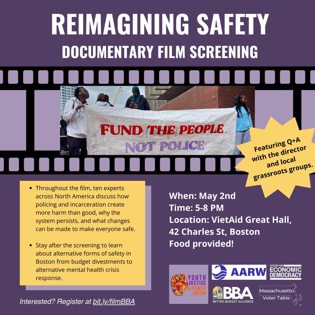 Better Budget Alliance Boston (@bba_boston) on Twitter photo IN ONE WEEK! Join us for a documentary film screening of Reimagining Safety, ft. a Q&A with the director and local grassroots groups. Learn about how policing + incarceration create more harm than good and alternative forms of safety in Boston. Register: buff.ly/3WgRjoK IN ONE WEEK! Join us for a documentary film screening of Reimagining Safety, ft. a Q&A with the director and local grassroots groups. Learn about how policing + incarceration create more harm than good and alternative forms of safety in Boston. Register: buff.ly/3WgRjoK