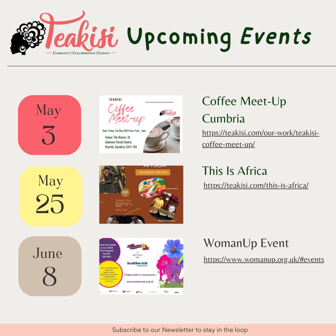 Subscribe to our #monthlynewsletter and visit our website often to stay in the loop! 

teakisi.com

#Events #Services #Happening #Teakisi