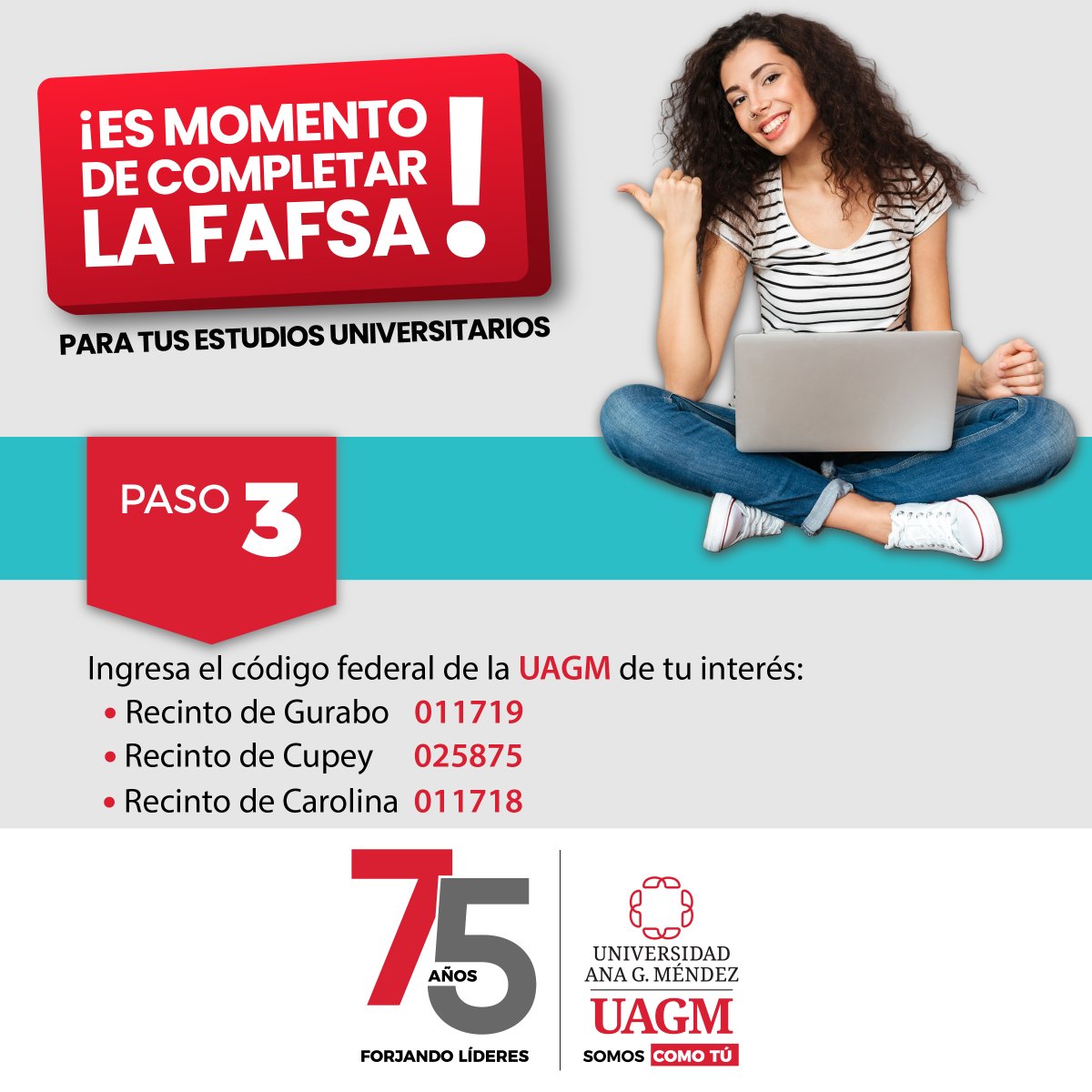 ¡Completa tu FAFSA 2024-2025! En la #UAGM estamos listos para orientarte sobre los cambios o asistirte. Llámanos al 787-764-2495 o visita la Oficina de Asistencia Económica. Solicitud de Ayuda federal para Estudiantes disponible en: tinyurl.com/yza7ednm