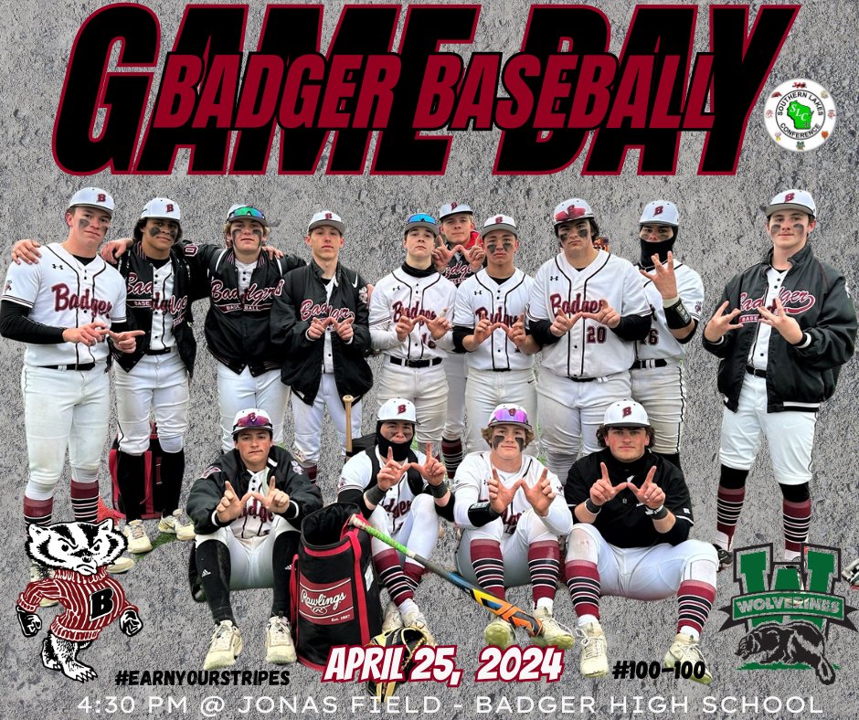 Let's Go!!!
It's Badger Baseball Game Day 🦡⚾️
#100-100 #earnyourstripes 
🆚 Waterford Wolverines
🗓️ April 25, 2024
⏰ 4:30 Varsity - @Jonas Field - Badger HS
       4:30 - JV1 - @ Badger HS
       4:30 - JV2 -  @ Waterford Union HS
@SLC_Wi
@lgbadger