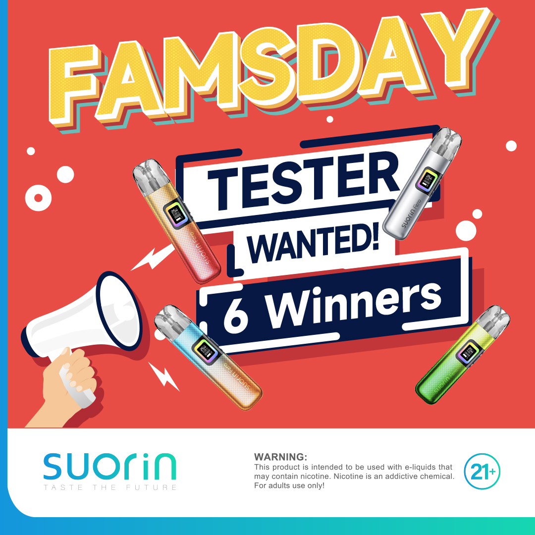 SUORIN FAMS DAY🎈🥳

[TESTER WANTED]🎁🎁🎁⁣⁣⁣
 Get the first batch of Suorin Fero🎈🎉🎉
Prize:⁣⁣⁣

⁣⁣⁣🎉SUORIN Fero * 1⁣⁣🎉⁣
⁣⁣⁣
Rules:⁣⁣⁣
💗. Like this post⁣⁣⁣
💗. Repost⁣(tag suorinfero&suorinfamsday)😉
💗. Tag 5 friends
⁣⁣⁣