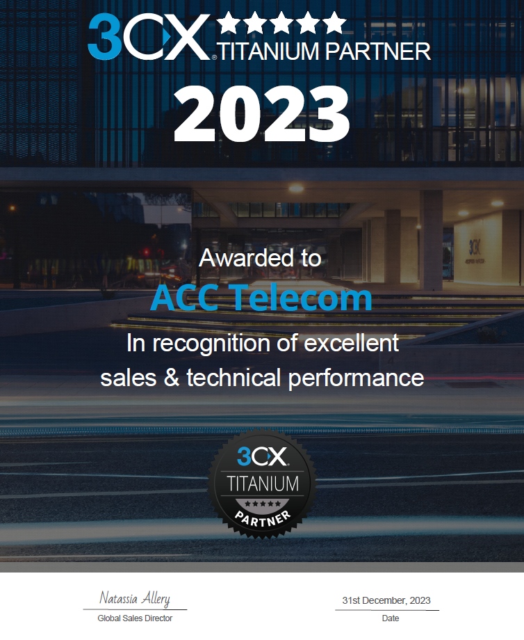 Congrats ACC Telecom for achieving 3CX Titanium Partner status again for 2023!  They are already halfway to their goal for 2024 and it's only Q2!👏👏👏