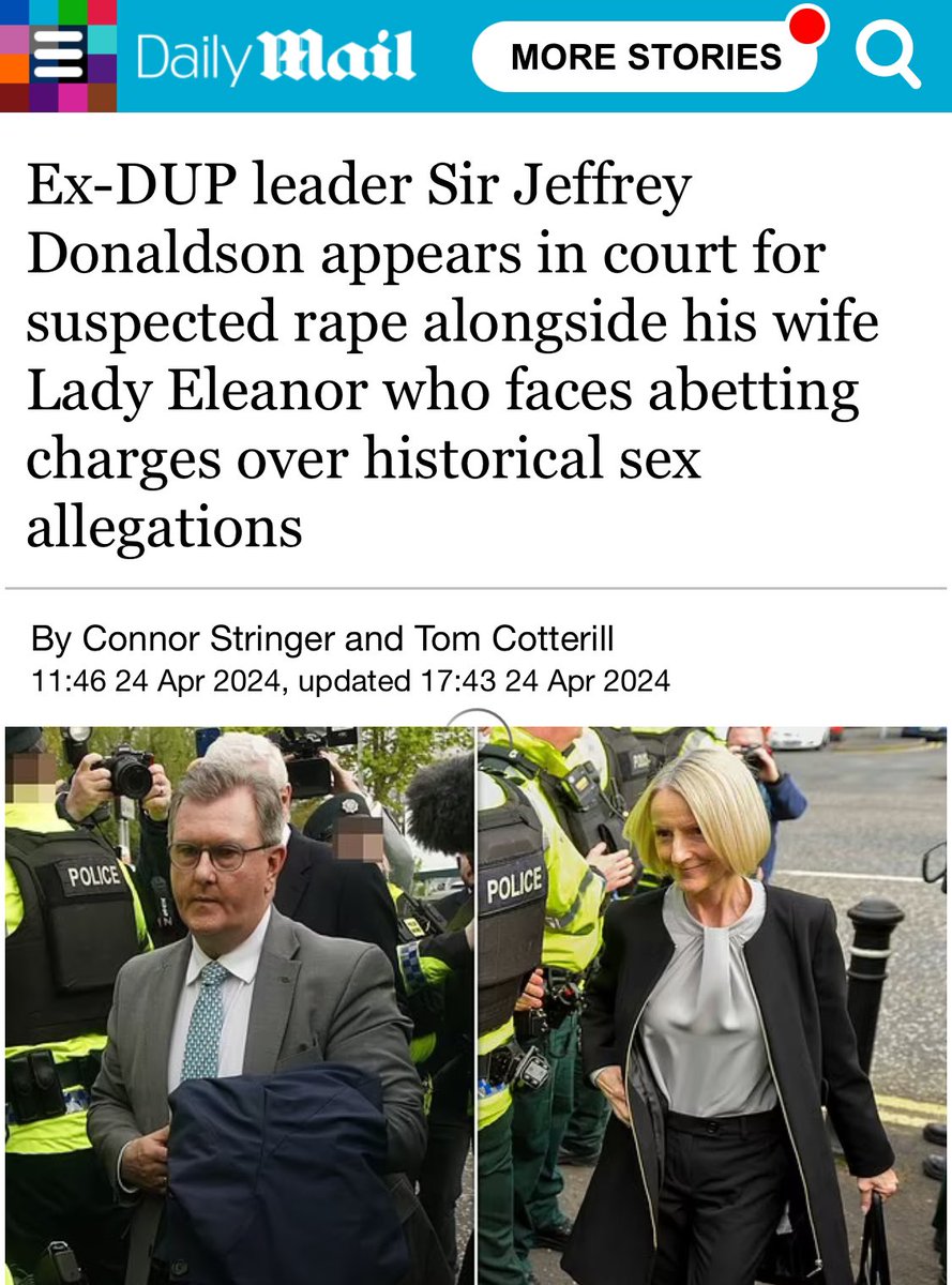 🚨Satanic Peadophile and Ex-DUP leader Sir Jeffrey Donaldson appears in court for suspected rape alongside his wife Lady Eleanor who faces abetting charges over historical sex allegations. 

Donaldson faces 11 charges, relating to two victims,