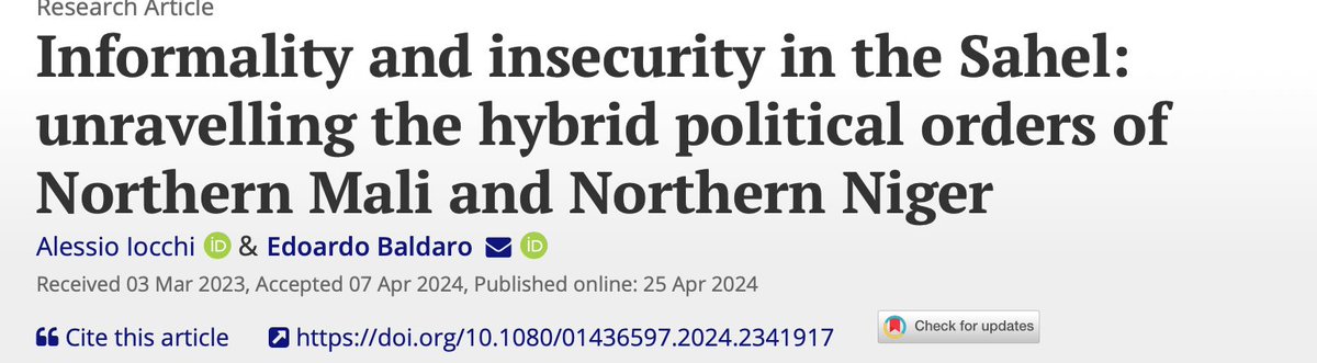Can't believe it's finally out! Friends and colleagues, glad to share with you 50 free copies of the article @EdoardoBaldaro & I wrote on hybrid political orders and informal institutions in Niger and Mali -> tandfonline.com/eprint/HCJJGIV…