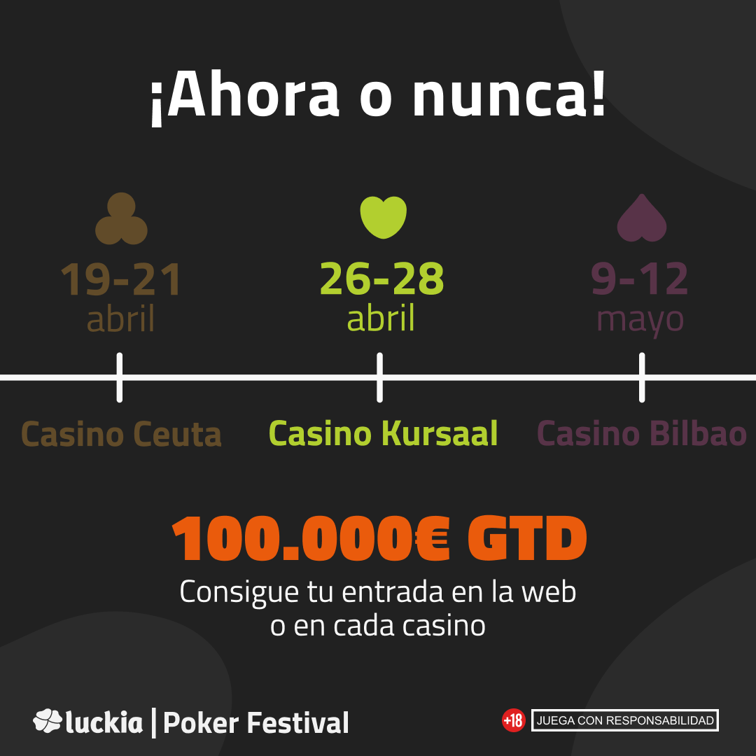 LuckiaPokerFest's tweet photo. ¿Quieres participar en el LPF 24 con 100.000k GTD en Casino Kursaal?
👉 Puedes apuntarte al mejor torneo de poker en https://t.co/7CulrtsT1M o en recepción del casino
¡No te quedes sin tu plaza! #LPF24 #LuckiaPokerFestival #CasinoKursaal https://t.co/xXpe4WNut8