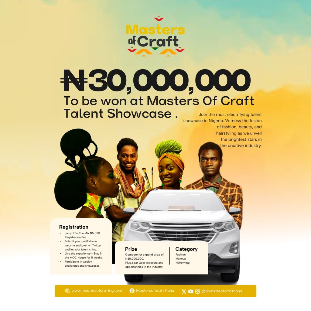 _lucikela's tweet image. Stand a chance to win 30 million naira! Yea,you read right😁..30million naira. Do well to follow and register on their website for a slot either under fashion, hairstyling or makeup! @MasofcraftNaija
#MastersOfCraft #Naijatalenthunt #fashion #hairstyle #makeup