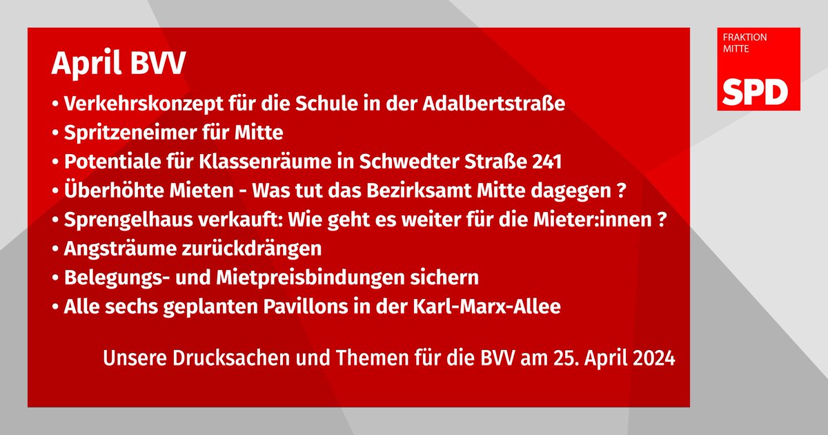 Heute ab 17:30 kommt wieder die #bvvmitte zusammen. Zum Livestream 📺: contentflow.de/bvvmitte.html Auch dieses Mal bringen wir diverse Anträge und Anfragen für #Mitte ein. #Schule #Adalbertstrasse #Spritzeneimer #Mieten #Mietpreisbindung #Sprengelhaus #Angsträume #Pavillon #KMA