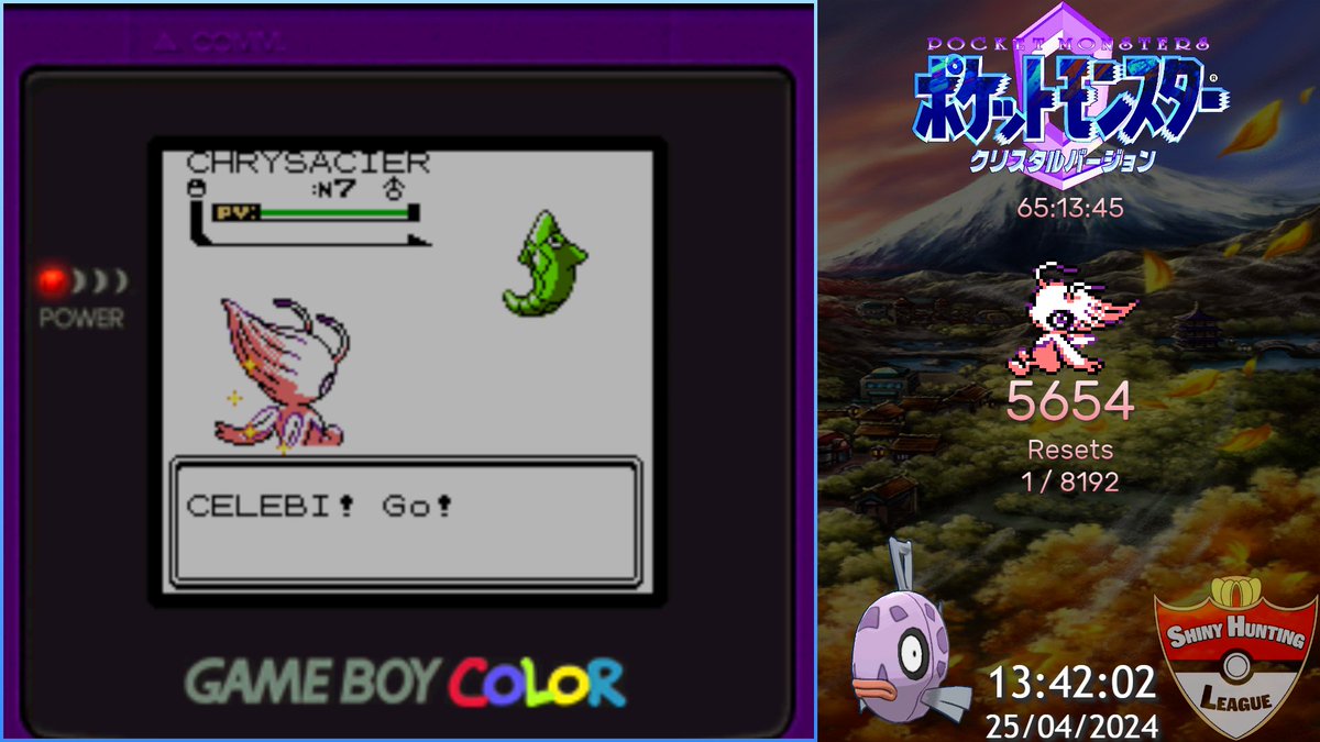 Leyzou's tweet photo. [20✨] Celebi shiny full odds en 5654 soft resets sur Pokémon Cristal, après une petite pause de la triple chasse avec Queulorior et Lugia, à cause de l'IRL, il tombe en 14 vus aujourd'hui ! https://t.co/QC2LVQ6NFl https://t.co/fFxI3nohjS