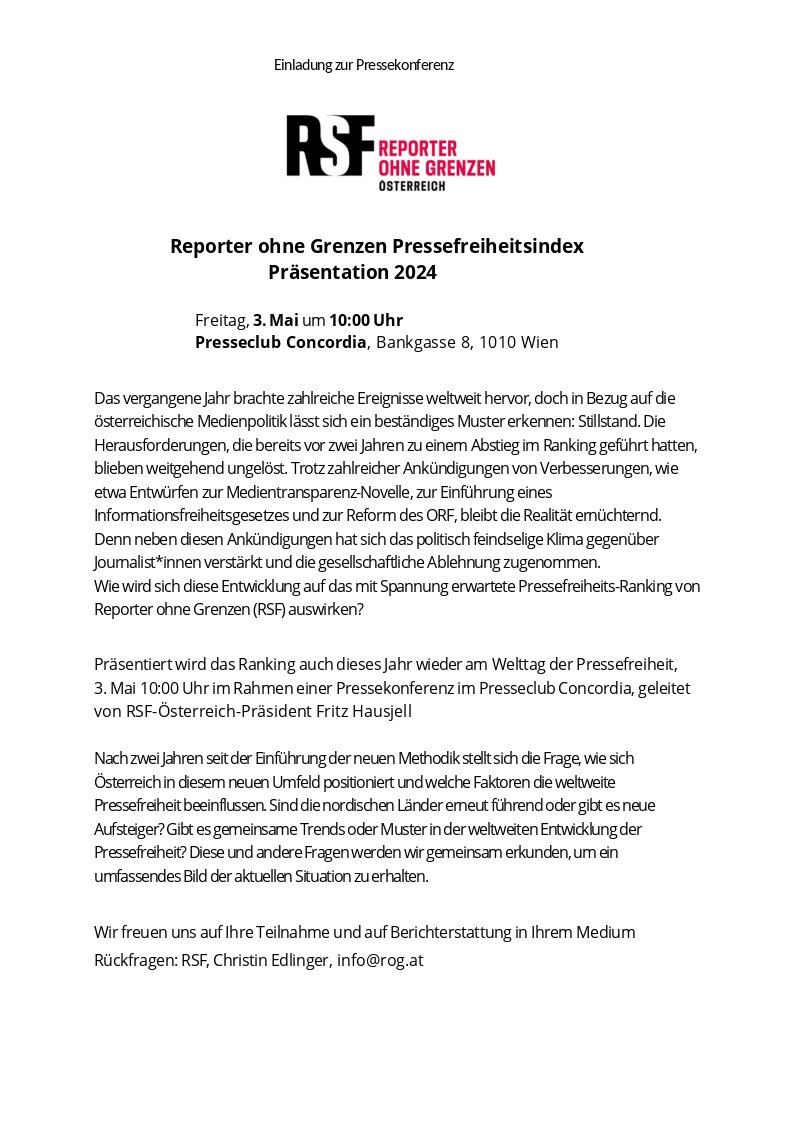 Bald wissen wir, wo Österreich im #Pressefreiheits Ranking von @RSF_inter gelandet ist. Die Präsentation findet am 3.Mai im @PCConcordia statt.