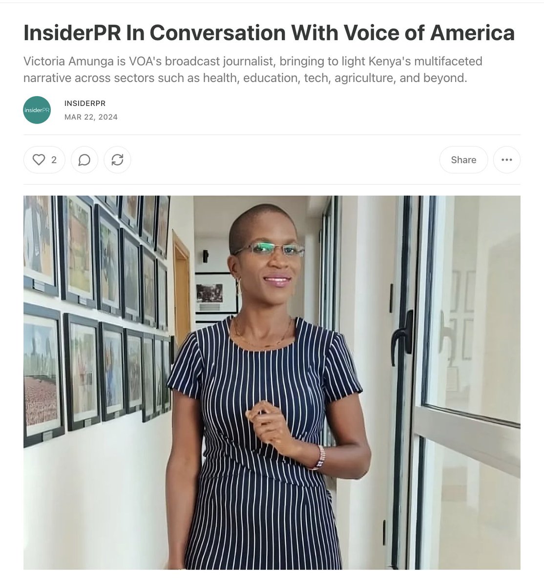 A few months ago, celebrating Women's Month, we interviewed 🇰🇪 Kenya-based <a href="/VOANews/">Voice of America</a> journalist <a href="/va_munga/">victoria Amunga</a> for our "InsiderPR Conversations" series insiderpr.substack.com/p/insiderpr-in…

Today, we highlight. Look out for her topics of interest,  anticipated developments and more.
