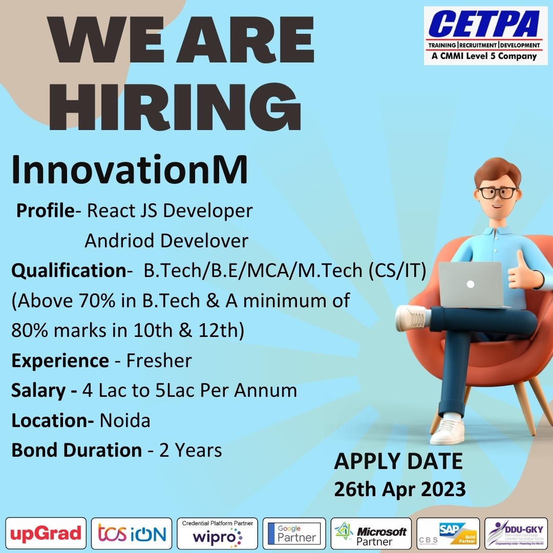 cetpainfo's tweet image. #ONLINE RECRUITMENT DRIVE Organized by CETPA Infotech Pvt Ltd. for InnovationM
๐ Apply Now: shorturl.at/nIQW0
#cetpainfoteh #reactjsdeveloper #developer #androiddeveloper #engineer #jobalert #jobseekers #JobOpportunity #hiring #applynow #applyhere #jobs #jobsearch