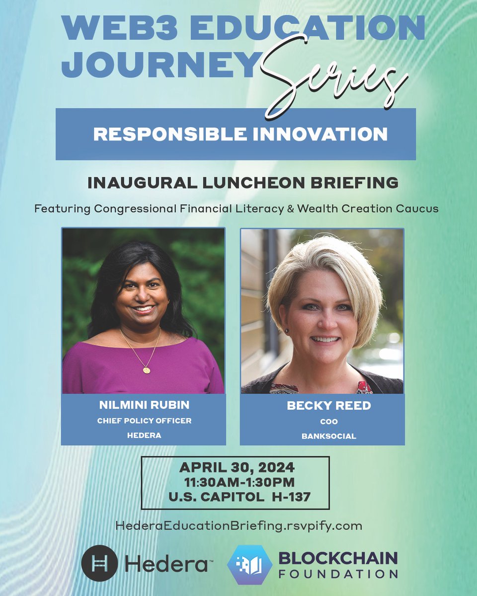 Next Week: 'Web3 Education Journey Briefing Series: Responsible Innovation.” Don't miss this fireside chat with @nilminirubin @hedera and @BANKSOCIALio COO @Trekkie_Becky, who is a former @TheNCUA credit union CEO. = Financial Literacy Month = RSVP: hederaeducationbriefing.rsvpify.com